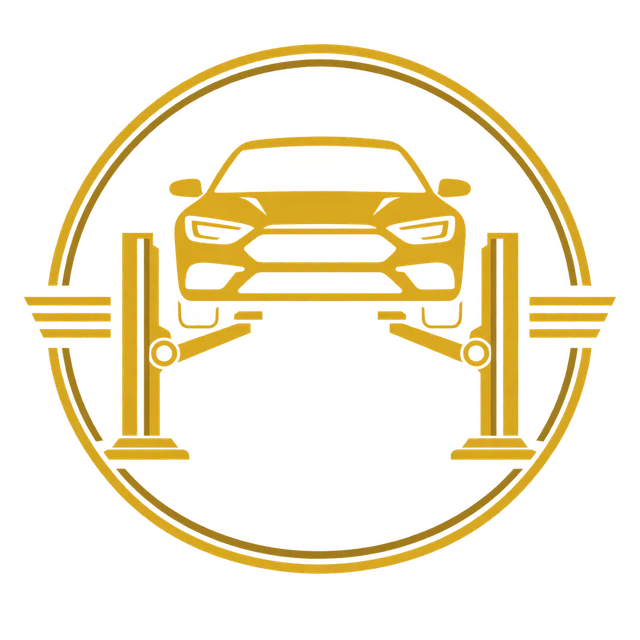 Auto Autos — gold emblem of a car on a workshop lift